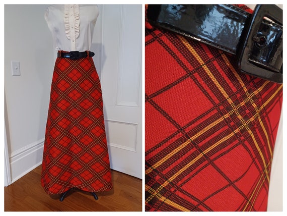 1970s Plaid Maxi Skirt with Patent Leather Belt - Gem