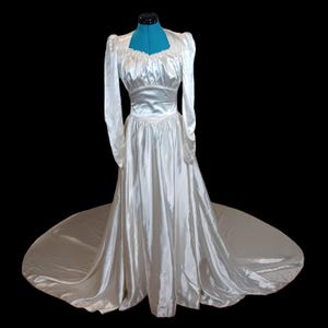 1940s Satin Wedding Gown with Sweetheart Neckline, Beading, Cathedral Train - &quot;Addis Co.&quot; (S)