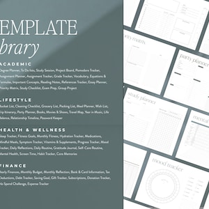 Op de afbeelding: Een sjabloonbibliotheek met diverse afdrukbare plannerpagina's. Categorie&euml;n zijn Academisch, Levensstijl, Gezondheid & Welzijn en Financi&euml;n. Pagina's omvatten een feestplanner, studieplanner en stemmingsmeter. De tekst "TEMPLATE library" staat bovenaan.