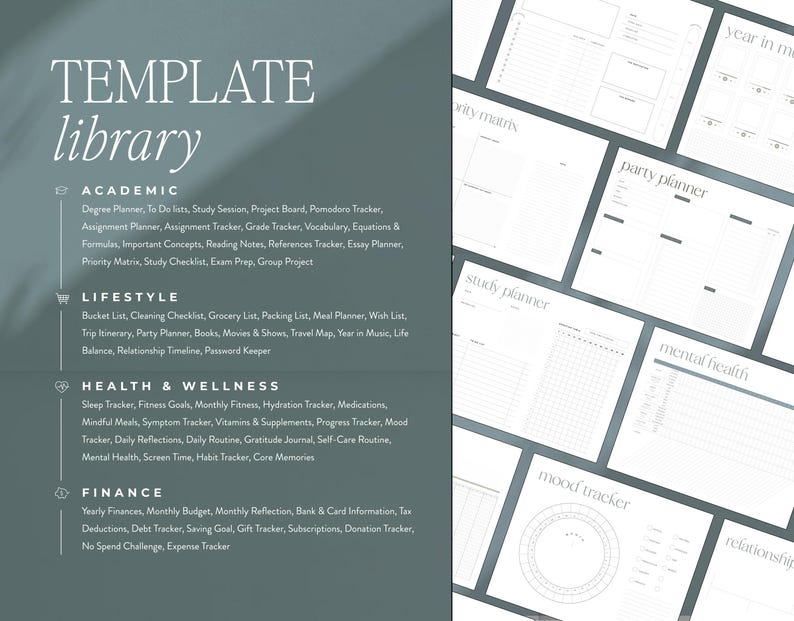 Op de afbeelding: Een sjabloonbibliotheek met diverse afdrukbare plannerpagina's. Categorie&euml;n zijn Academisch, Levensstijl, Gezondheid & Welzijn en Financi&euml;n. Pagina's omvatten een feestplanner, studieplanner en stemmingsmeter. De tekst "TEMPLATE library" staat bovenaan.