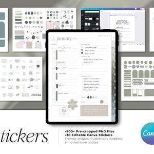 Op de afbeelding: Digitale planner stickers en sjablonen in tinten groen, beige en grijs. De afbeelding bevat een tablet met een plannerpagina, verschillende stickerbladen en het Canva-logo. Tekst op de afbeelding is "stickers" en "morning routine."