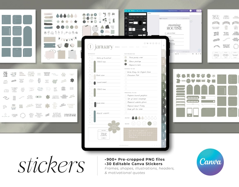 Op de afbeelding: Digitale planner stickers en sjablonen in tinten groen, beige en grijs. De afbeelding bevat een tablet met een plannerpagina, verschillende stickerbladen en het Canva-logo. Tekst op de afbeelding is "stickers" en "morning routine."