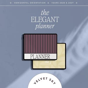 May include: A horizontal planner set for 2026 and 2027. One planner features a dark purple and black vertical striped cover with the word PLANNER in white text. The second planner has a light yellow cover with a subtle geometric pattern.