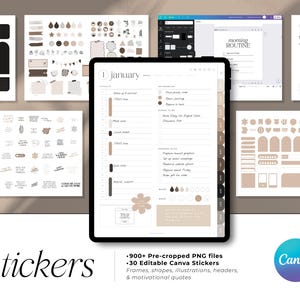 May include: Digital planner stickers and templates in neutral tones. The image shows a tablet displaying a January planner page, surrounded by sticker sheets, and a Canva logo. The text includes "stickers" and "morning routine."