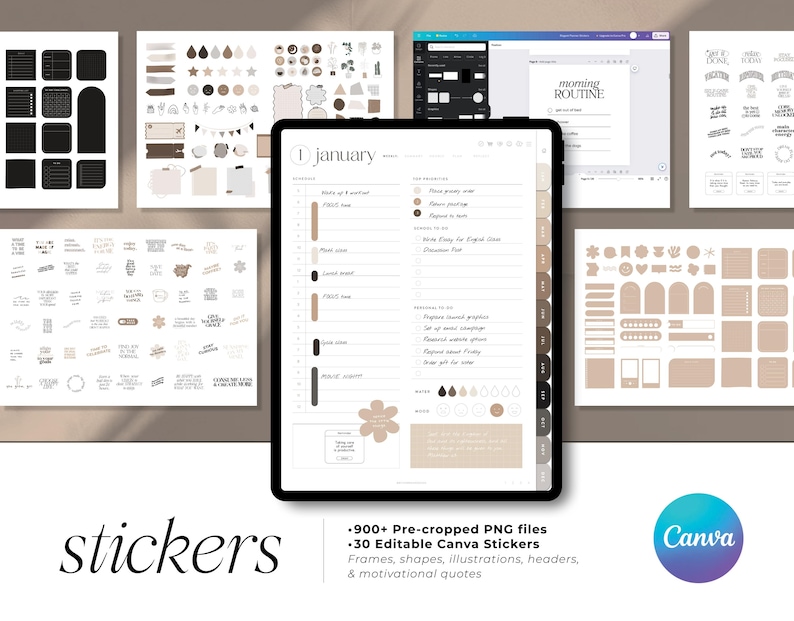 May include: Digital planner stickers and templates in neutral tones. The image shows a tablet displaying a January planner page, surrounded by sticker sheets, and a Canva logo. The text includes "stickers" and "morning routine."