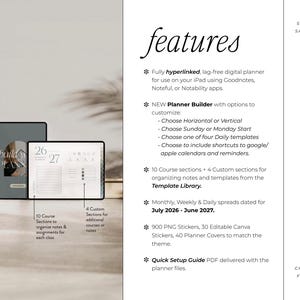 Op de afbeelding: Digitale planner op een tablet met de tekst "Build Plans". De planner bevat secties voor notities, opdrachten en een kalender van juli 2026 tot juni 2027. Er wordt ook een kleurenpalet getoond.