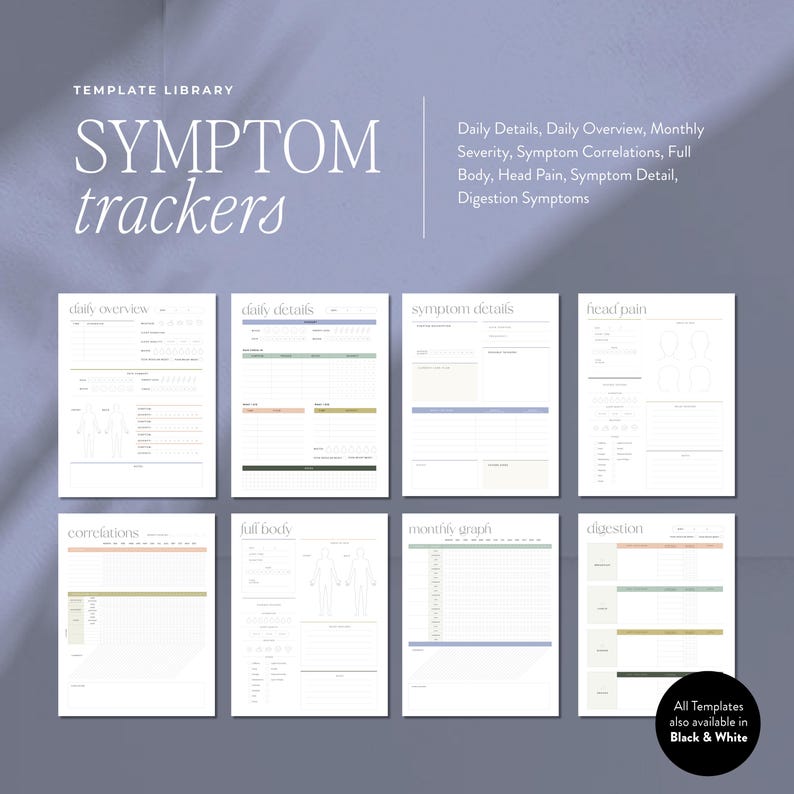 Op de afbeelding: Een verzameling sjablonen voor symptoomtrackers, inclusief dagelijkse details, maandelijkse grafieken en volledige lichaamsdiagrammen. De sjablonen zijn verkrijgbaar in zwart-wit en tonen de tekst "SYMPTOM trackers".