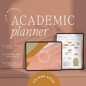 Puede incluir: Dos planificadores académicos digitales con el texto "ACADEMIC planner". Uno muestra una vista de calendario, el otro presenta arte abstracto y las palabras "DREAM. PLAN. DO. REPEAT". La imagen incluye el texto "SUN + MON START" y "DATED FOR 2025-2026".