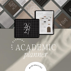 Puede incluir: Un planificador académico con un diseño minimalista. La imagen presenta dos tabletas que muestran páginas de planificador, una con un patrón de cuadrícula y los números "26 27", y la otra con un diseño de horario. El fondo incluye varias páginas de planificador.