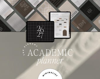 May include: An academic planner with a minimalist design. The image features two tablets displaying planner pages, one with a grid pattern and the numbers "26 27", and the other with a schedule layout. The background includes various planner pages with text like "start a new page".