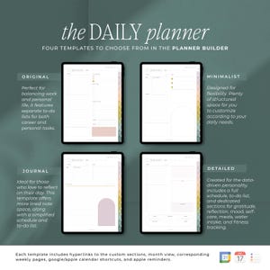 Peut inclure: Quatre mod&egrave;les de planificateur quotidien diff&eacute;rents sont pr&eacute;sent&eacute;s. Les mod&egrave;les sont intitul&eacute;s "Original", "Journal", "Minimaliste" et "D&eacute;taill&eacute;". Chaque mod&egrave;le a une mise en page et un design diff&eacute;rents. Les mod&egrave;les sont tous pour le mois de janvier.