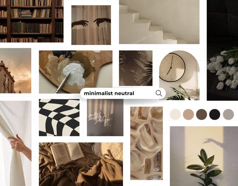 May include: A collage of images with a minimalist neutral aesthetic. Includes a bookshelf, hands, a staircase, a clock, flowers, a paint palette, a black and white checkered pattern, and text that reads "minimalist neutral".