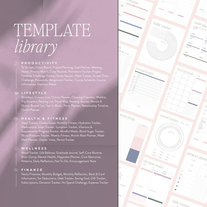 May include: A pink and white printable template library with a variety of trackers and planners for productivity, lifestyle, health and fitness, wellness, and finance. The templates include habit trackers, goal planners, meal planners, budget trackers, and more.