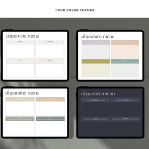 Peut inclure: Quatre th&egrave;mes de couleurs diff&eacute;rents pour un mod&egrave;le de "menu dopamine". Le mod&egrave;le est divis&eacute; en quatre sections intitul&eacute;es "Entr&eacute;es", "Ap&eacute;ritifs", "Accompagnements" et "Desserts".