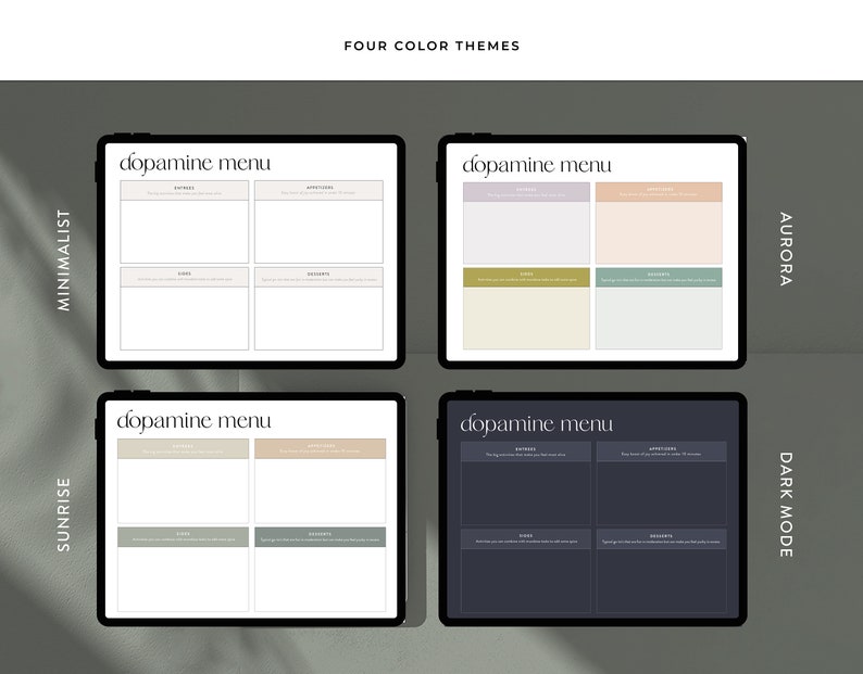 Peut inclure: Quatre th&egrave;mes de couleurs diff&eacute;rents pour un mod&egrave;le de "menu dopamine". Le mod&egrave;le est divis&eacute; en quatre sections intitul&eacute;es "Entr&eacute;es", "Ap&eacute;ritifs", "Accompagnements" et "Desserts".