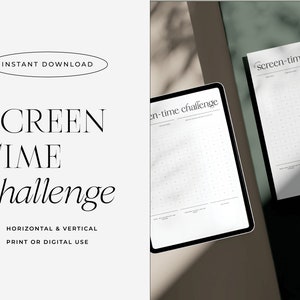 Könnte beinhalten: Ein druckbarer Bildschirmzeit-Herausforderungs-Tracker mit einem Rasterlayout. Der Tracker soll Menschen helfen, ihre Bildschirmzeit zu verfolgen und ihren Bildschirmzeitverbrauch zu reduzieren. Der Text auf dem Tracker lautet "screen-time challenge".