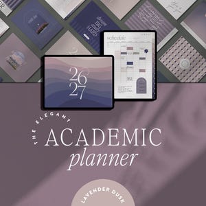 Può includere: Un'elegante agenda accademica con un tema tramonto lavanda. L'immagine presenta due tablet che mostrano pagine dell'agenda, con una griglia di elementi di design coordinati sullo sfondo. Il testo "26 27" è visibile su un tablet.