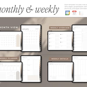 May include: Digital planner templates displayed on tablets, showcasing monthly and weekly layouts. The tablets feature calendar views, weekly overviews, and detailed planner pages. The text "monthly & weekly" is at the top.