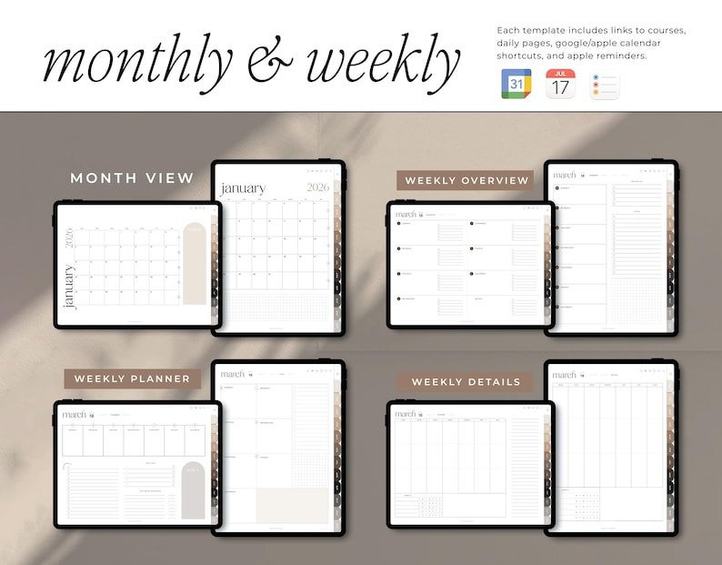 May include: Digital planner templates displayed on tablets, showcasing monthly and weekly layouts. The tablets feature calendar views, weekly overviews, and detailed planner pages. The text "monthly & weekly" is at the top.