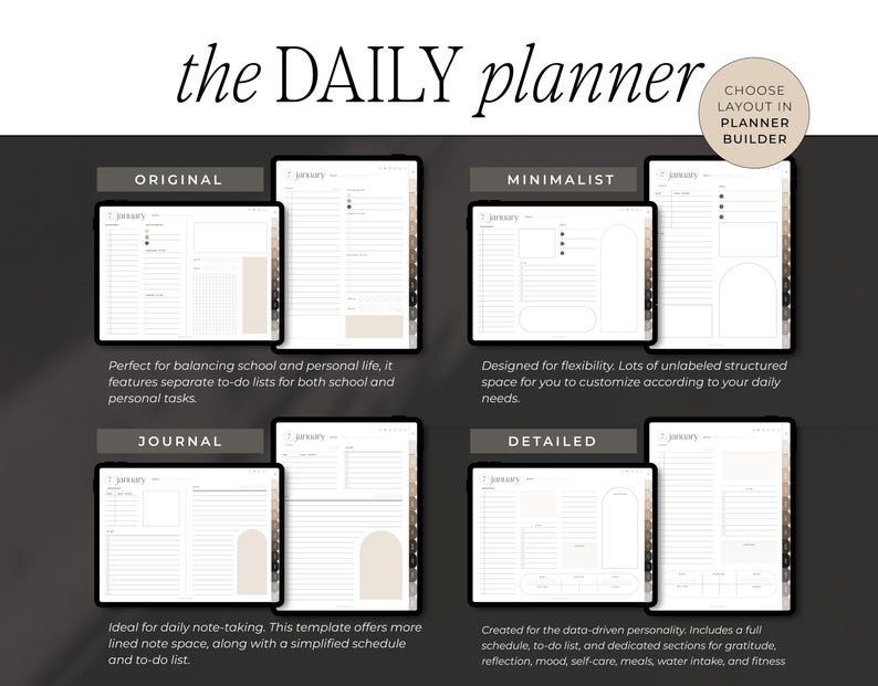 May include: The Daily Planner digital template with four layout options: Original, Minimalist, Journal, and Detailed. Each layout is displayed on a tablet, showcasing different organizational features. The text reads "Choose Layout in Planner Builder."
