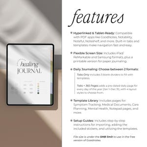 Op de afbeelding: Een digitaal healing journal weergegeven op een tablet. De tablet toont een journal lay-out met de woorden "healing JOURNAL". De afbeelding bevat ook tekst die functies beschrijft zoals hyperlinking, flexibele schermgrootte en dagelijkse journaling opties.