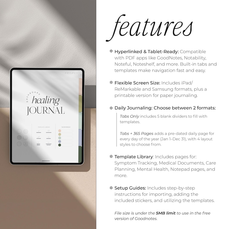Op de afbeelding: Een digitaal healing journal weergegeven op een tablet. De tablet toont een journal lay-out met de woorden "healing JOURNAL". De afbeelding bevat ook tekst die functies beschrijft zoals hyperlinking, flexibele schermgrootte en dagelijkse journaling opties.