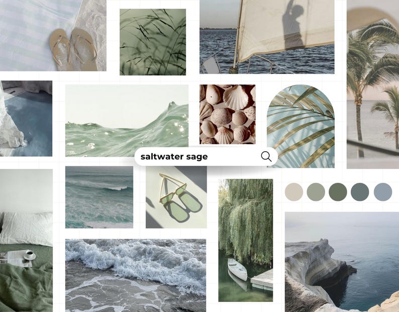 Op de afbeelding: Een collage met afbeeldingen van de oceaan, schelpen en palmbomen, in saliegroen en neutrale tinten. De tekst "saltwater sage" staat in een zoekbalk. De afbeeldingen roepen een gevoel van rust en kustleven op.