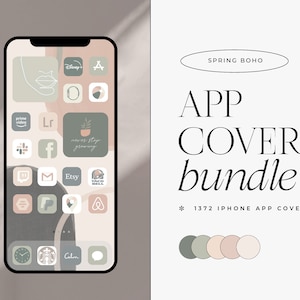 May include: A digital illustration of a phone screen with a collection of app icons. The icons are in a variety of colours, including green, pink, and brown. The icons are arranged in a grid pattern. The text "SPRING BOHO APP COVER bundle * 1372 IPHONE APP COVERS" is displayed above the phone screen.