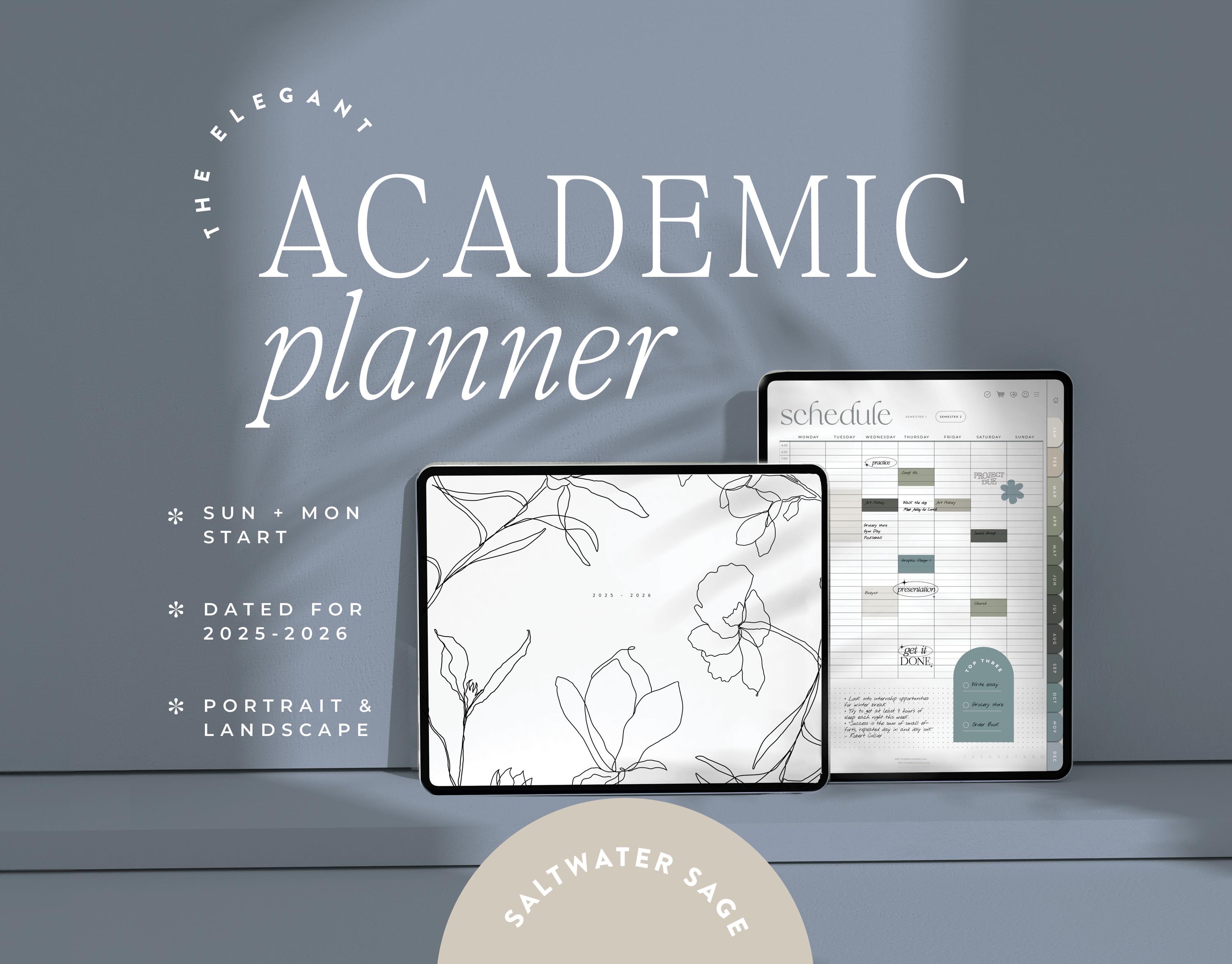 2025 2026 Academic Elegant Planner - Digital, Dated, Horizontal and Vertical | Goodnotes, Notability for iPad & Tablet | Saltwater Sage