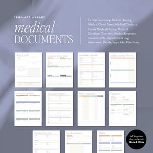 Op de afbeelding: Een verzameling medische document templates, waaronder een samenvatting van een doktersbezoek en medicatiegegevens. De templates zijn beschikbaar in zwart-wit. De afbeelding bevat ook de tekst "medical DOCUMENTS".