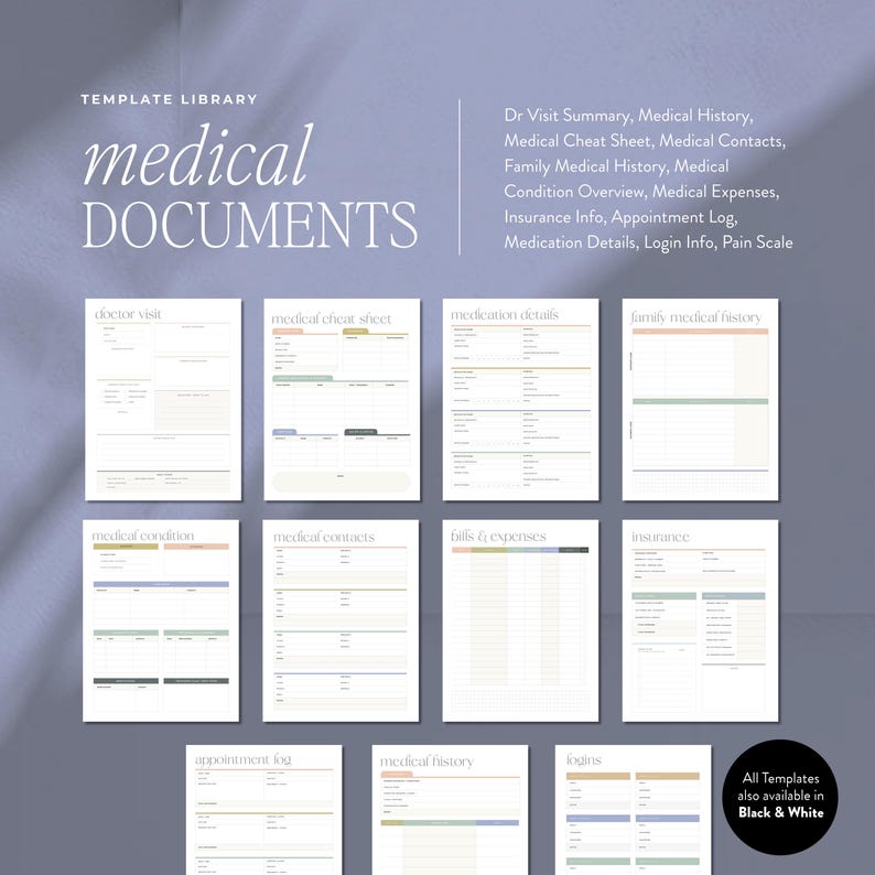Op de afbeelding: Een verzameling medische document templates, waaronder een samenvatting van een doktersbezoek en medicatiegegevens. De templates zijn beschikbaar in zwart-wit. De afbeelding bevat ook de tekst "medical DOCUMENTS".