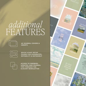 Op de afbeelding: Een digitale journal productweergave. De afbeelding toont een verzameling journal covers met inspirerende quotes en landschapsafbeeldingen. Extra functies zijn onder meer 40 journal covers en inlays, snelle installatiegidsen en toegang tot weggeefacties via een nieuwsbrief.