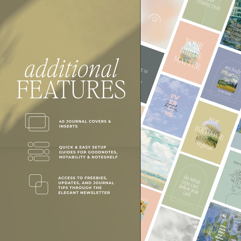 Op de afbeelding: Een digitale journal productweergave. De afbeelding toont een verzameling journal covers met inspirerende quotes en landschapsafbeeldingen. Extra functies zijn onder meer 40 journal covers en inlays, snelle installatiegidsen en toegang tot weggeefacties via een nieuwsbrief.