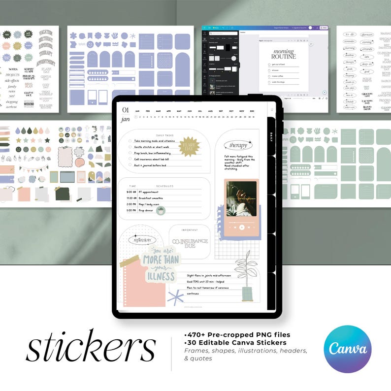 Op de afbeelding: Een digitale planner op een tablet, omringd door stickervellen en een Canva-logo. De planner toont dagelijkse taken, schema's en notities. De stickers bevatten vormen, illustraties en citaten, allemaal in een pastelkleurenpalet.