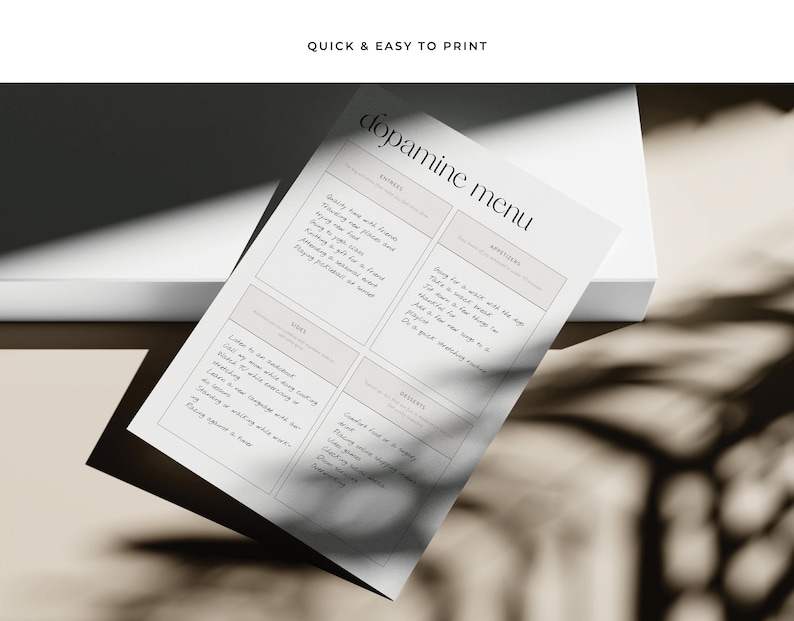 Peut inclure: Un menu dopamine imprimable avec un fond blanc et du texte noir. Le menu est divis&eacute; en quatre sections&nbsp;: Entr&eacute;es, Ap&eacute;ritifs, Accompagnements et Desserts. Chaque section liste des activit&eacute;s qui peuvent augmenter le niveau de dopamine, comme "Cuisiner une nouvelle recette" et "&Eacute;couter un livre audio".