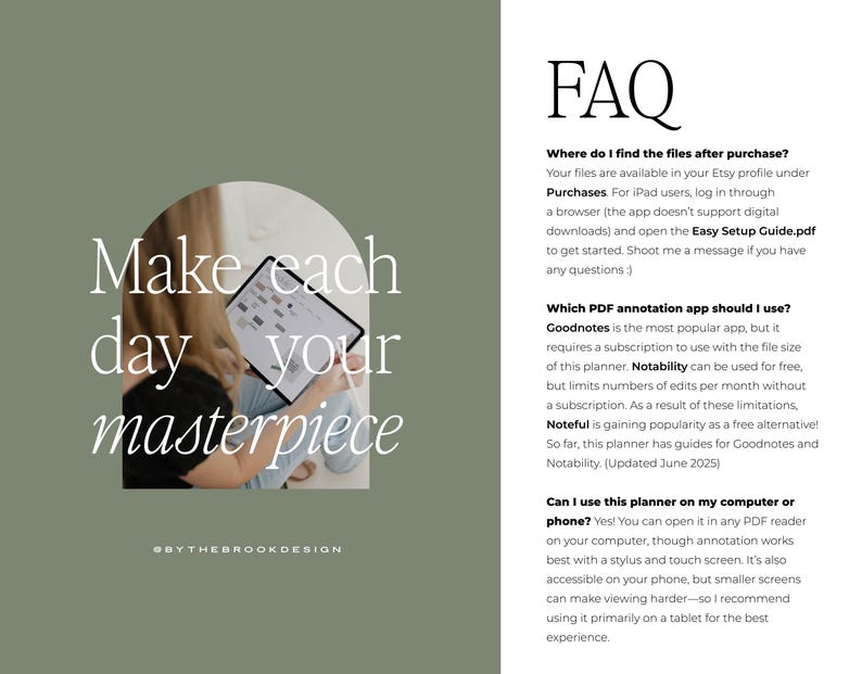 Op de afbeelding: Een digitale planner weergegeven op een tablet, met de tekst "Make each day your masterpiece". De afbeelding is geplaatst tegen een saliegroene achtergrond, met de FAQ-sectie aan de rechterkant. De planner is ontworpen door @bythebrookdesign.
