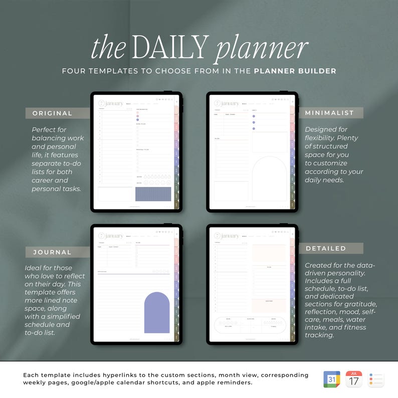 May include: Four different daily planner templates are shown on a digital tablet screen. The templates are labeled "Original", "Journal", "Minimalist", and "Detailed". Each template has a different layout and design, with the "Original" template featuring a separate to-do list for career and personal tasks, the "Journal" template offering more lined note space, the "Minimalist" template providing a clean and simple design, and the "Detailed" template including sections for gratitude, reflection, mood, self-care, meals, water intake, and fitness tracking.