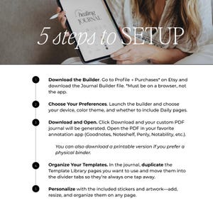 Op de afbeelding: Een digitale tablet met het logo "healing JOURNAL" en de tekst "5 steps to SETUP". De afbeelding toont stapsgewijze instructies voor het instellen van een digitaal dagboek, inclusief downloaden, aanpassen en organiseren van sjablonen.