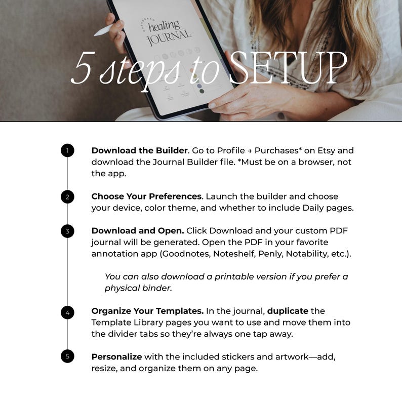 Op de afbeelding: Een digitale tablet met het logo "healing JOURNAL" en de tekst "5 steps to SETUP". De afbeelding toont stapsgewijze instructies voor het instellen van een digitaal dagboek, inclusief downloaden, aanpassen en organiseren van sjablonen.