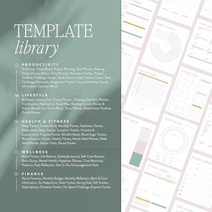 Peut inclure: Une biblioth&egrave;que de mod&egrave;les imprimables verte et blanche avec des cat&eacute;gories pour la productivit&eacute;, le style de vie, la sant&eacute; et le fitness, le bien-&ecirc;tre et les finances. L'image montre une vari&eacute;t&eacute; de mod&egrave;les imprimables, y compris des listes de t&acirc;ches, des suivis d'habitudes, des planificateurs de repas et des suivis budg&eacute;taires.