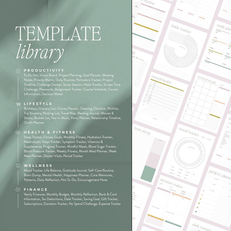 Peut inclure: Une biblioth&egrave;que de mod&egrave;les imprimables verte et blanche avec des cat&eacute;gories pour la productivit&eacute;, le style de vie, la sant&eacute; et le fitness, le bien-&ecirc;tre et les finances. L'image montre une vari&eacute;t&eacute; de mod&egrave;les imprimables, y compris des listes de t&acirc;ches, des suivis d'habitudes, des planificateurs de repas et des suivis budg&eacute;taires.
