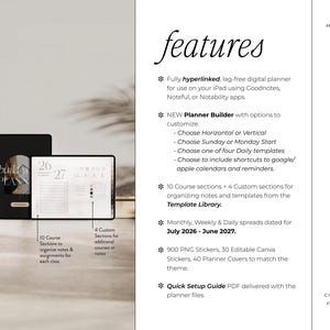 May include: A digital planner with a minimalist theme, featuring a black cover with the text "build plan". The open planner displays daily and weekly spreads, with the dates 2026-2027. The image also highlights features like customizable sections and stickers.