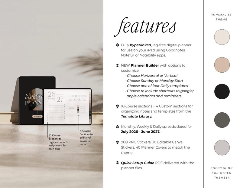May include: A digital planner with a minimalist theme, featuring a black cover with the text "build plan". The open planner displays daily and weekly spreads, with the dates 2026-2027. The image also highlights features like customizable sections and stickers.