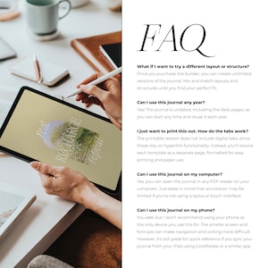 Op de afbeelding: Een digitale tablet met de woorden "rest, RECHARGE, repeat" en een bloemenontwerp. De tablet wordt door een persoon vastgehouden, met een stylus in de hand. De afbeelding bevat ook de tekst "FAQ".