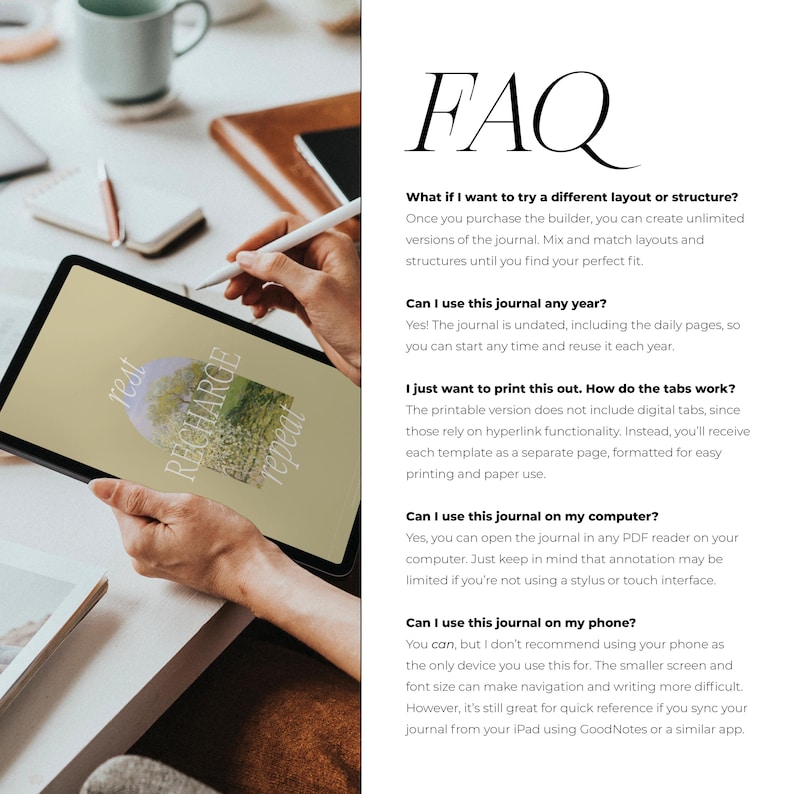 Op de afbeelding: Een digitale tablet met de woorden "rest, RECHARGE, repeat" en een bloemenontwerp. De tablet wordt door een persoon vastgehouden, met een stylus in de hand. De afbeelding bevat ook de tekst "FAQ".