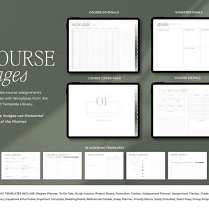 Op de afbeelding: Digitale cursusplanner met verschillende sjablonen weergegeven op tablets. De afbeelding toont een cursusrooster, semesterdoelen, een cursusomslagpagina en cursusdetails. Extra sjablonen zijn essayplanner, projectplanner en cijfertracker. Tekst: "COURSE pages" en "Customize course assignments."