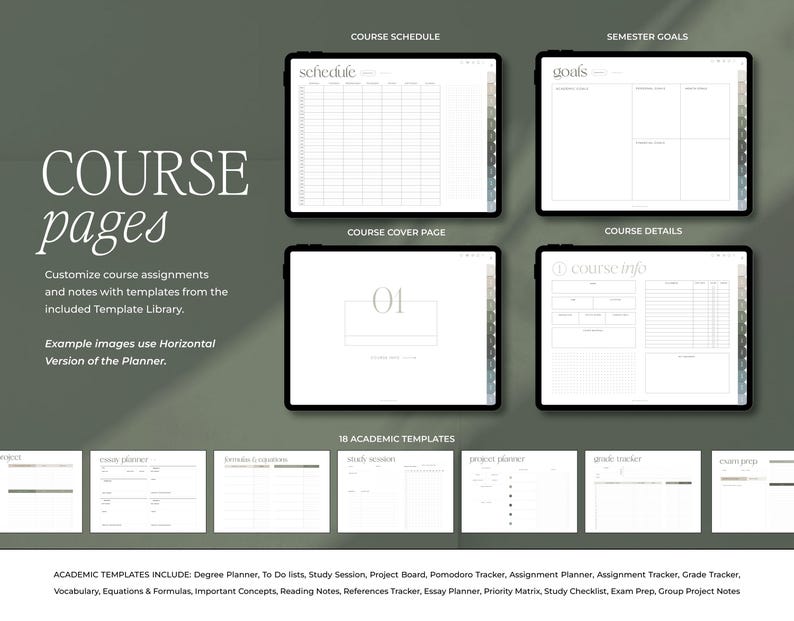 Op de afbeelding: Digitale cursusplanner met verschillende sjablonen weergegeven op tablets. De afbeelding toont een cursusrooster, semesterdoelen, een cursusomslagpagina en cursusdetails. Extra sjablonen zijn essayplanner, projectplanner en cijfertracker. Tekst: "COURSE pages" en "Customize course assignments."