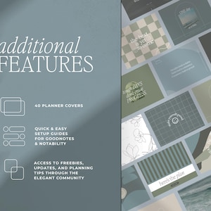 Op de afbeelding: Afbeelding van digitale planner covers met inspirerende citaten en bloemmotieven. De tekst luidt "additional FEATURES", "40 PLANNER COVERS" en "QUICK & EASY SETUP GUIDES". Het kleurenpalet omvat groen, blauw en wit, wat een rustgevende uitstraling cre&euml;ert.