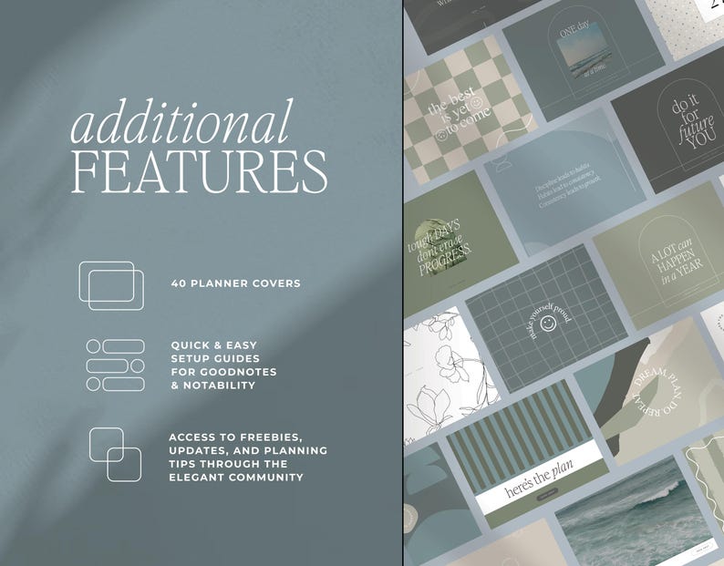 Op de afbeelding: Afbeelding van digitale planner covers met inspirerende citaten en bloemmotieven. De tekst luidt "additional FEATURES", "40 PLANNER COVERS" en "QUICK & EASY SETUP GUIDES". Het kleurenpalet omvat groen, blauw en wit, wat een rustgevende uitstraling cre&euml;ert.
