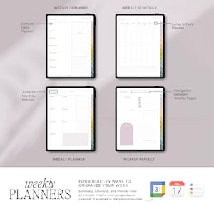 Peut inclure: Quatre mod&egrave;les de planificateur hebdomadaire avec des mises en page diff&eacute;rentes&nbsp;: R&eacute;sum&eacute; hebdomadaire, Horaire hebdomadaire, Planificateur hebdomadaire et R&eacute;flexion hebdomadaire. Chaque mod&egrave;le a un design color&eacute; avec un calendrier et un espace pour les notes. Le texte "planificateurs hebdomadaires" est en bas de l&rsquo;image.
